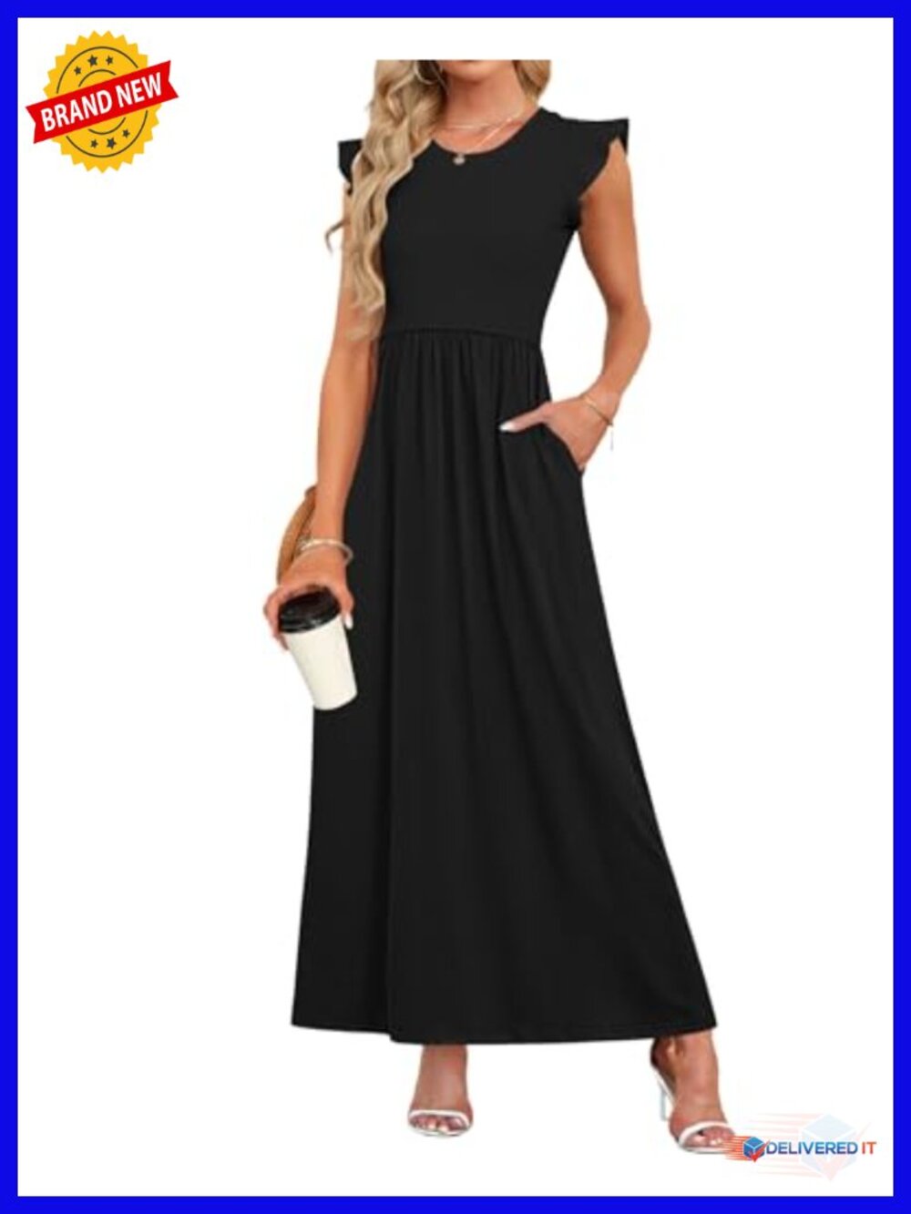 Ruffle Sleeve Maxi Dress with Pockets Ribbed Knit Long Beach Dress